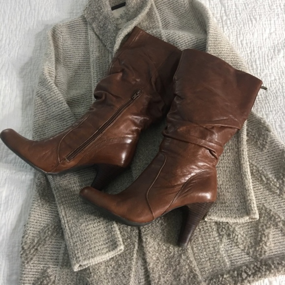 Leather Brown Boots, Mid Calf size 10 High Heel